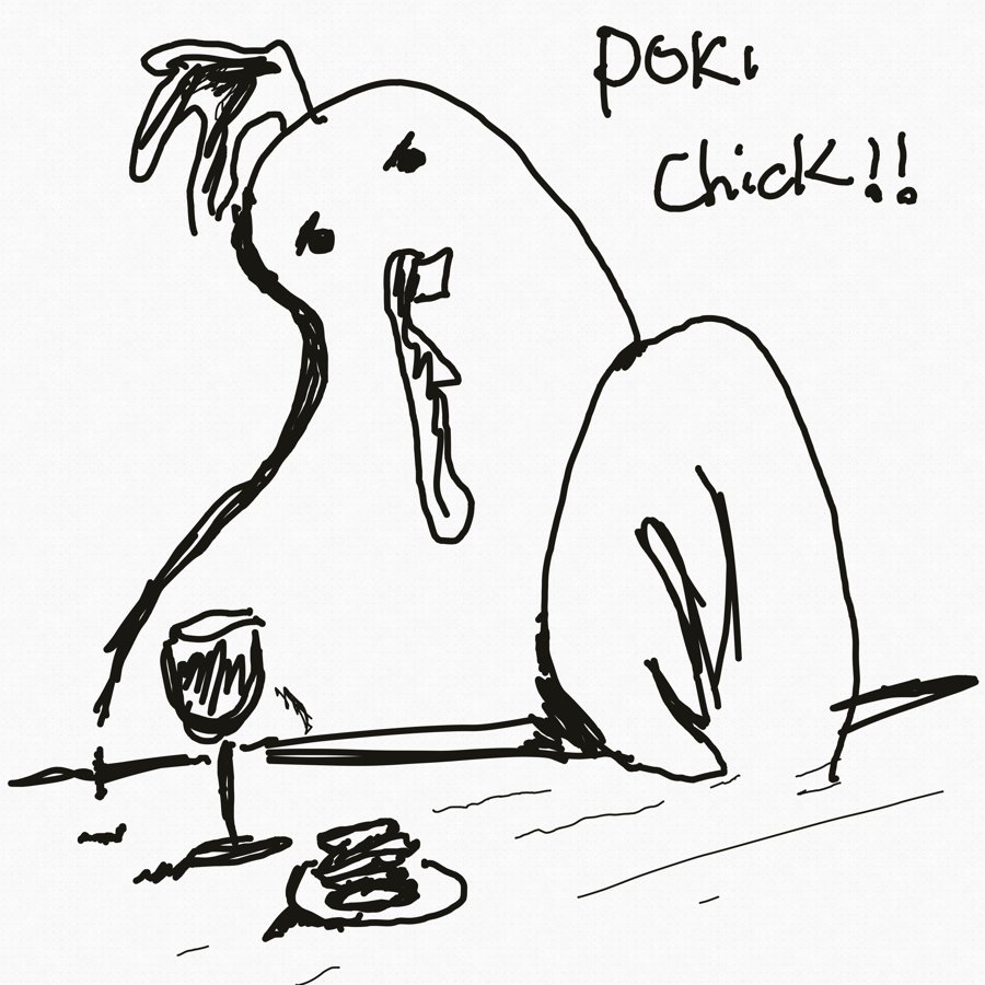 Hand-drawn illustration of the Poki Chick mascot with a burger and a glass of wine